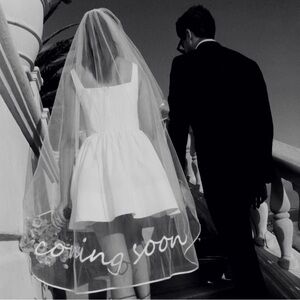 Staud White Bridal Veil with 'Coming Soon' Text